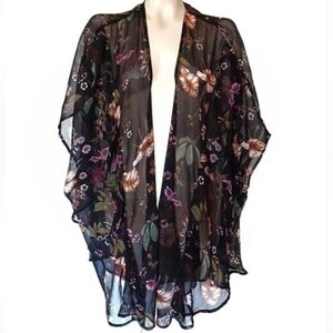 Steve Madden Black Floral Sheer Kimono with Purple & Yellow Blossoms